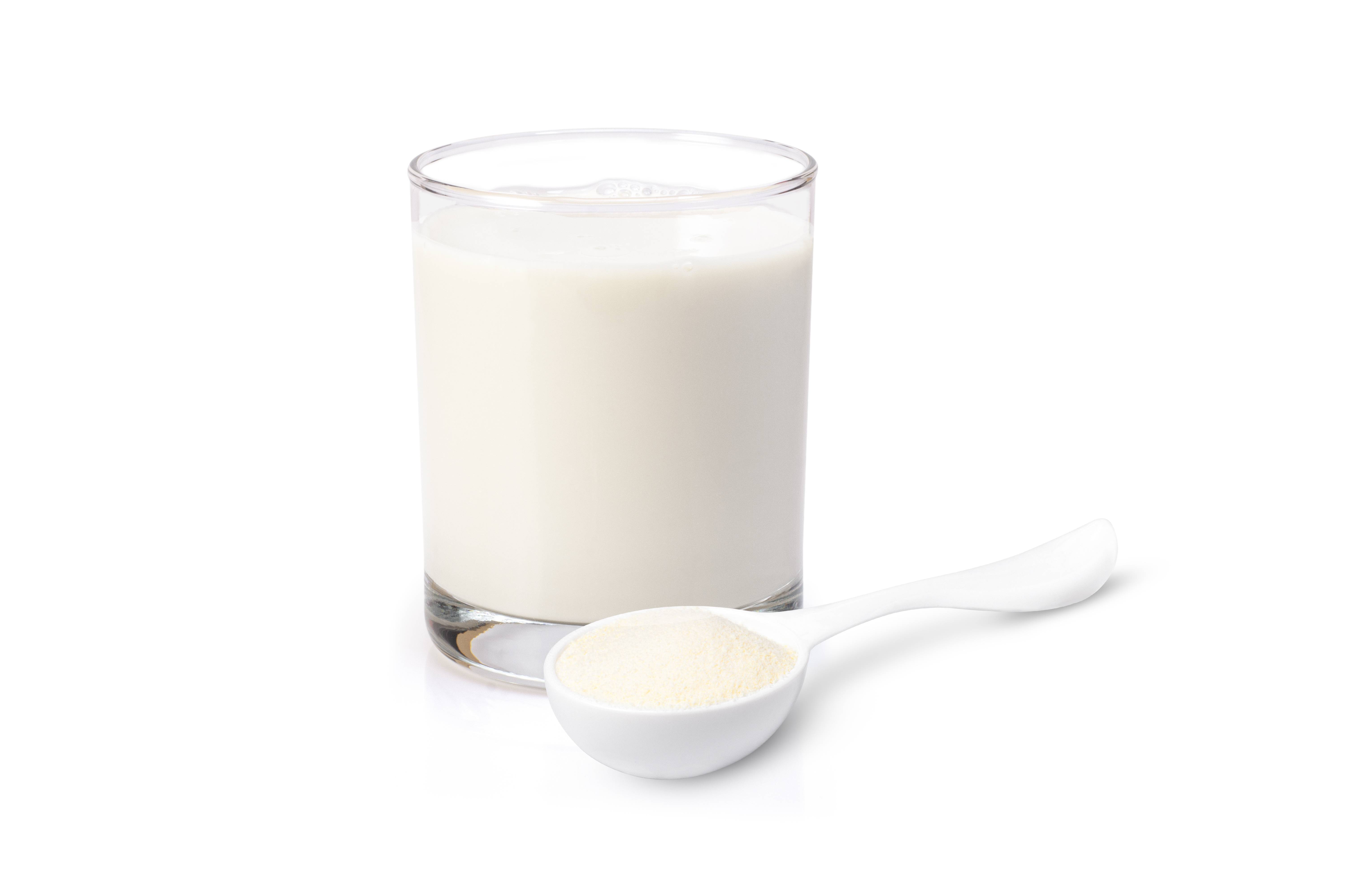 Glass of fresh milk and powdered milk or milk powder in plastic spoon isolated on white background.